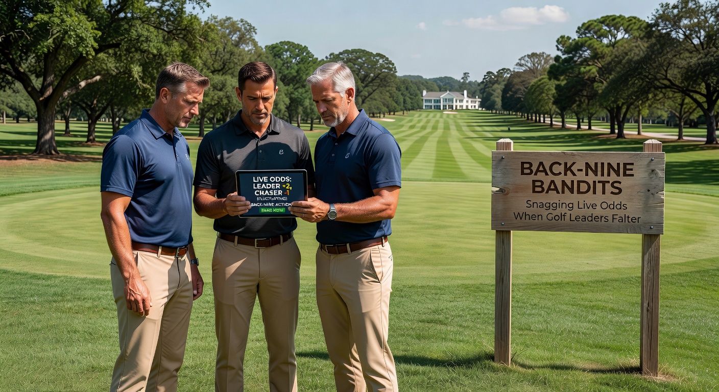 Dramatische Szene eines Golf-Turniers auf dem Back Nine, mit Leader im Bunker und Außenseiter im Anmarsch