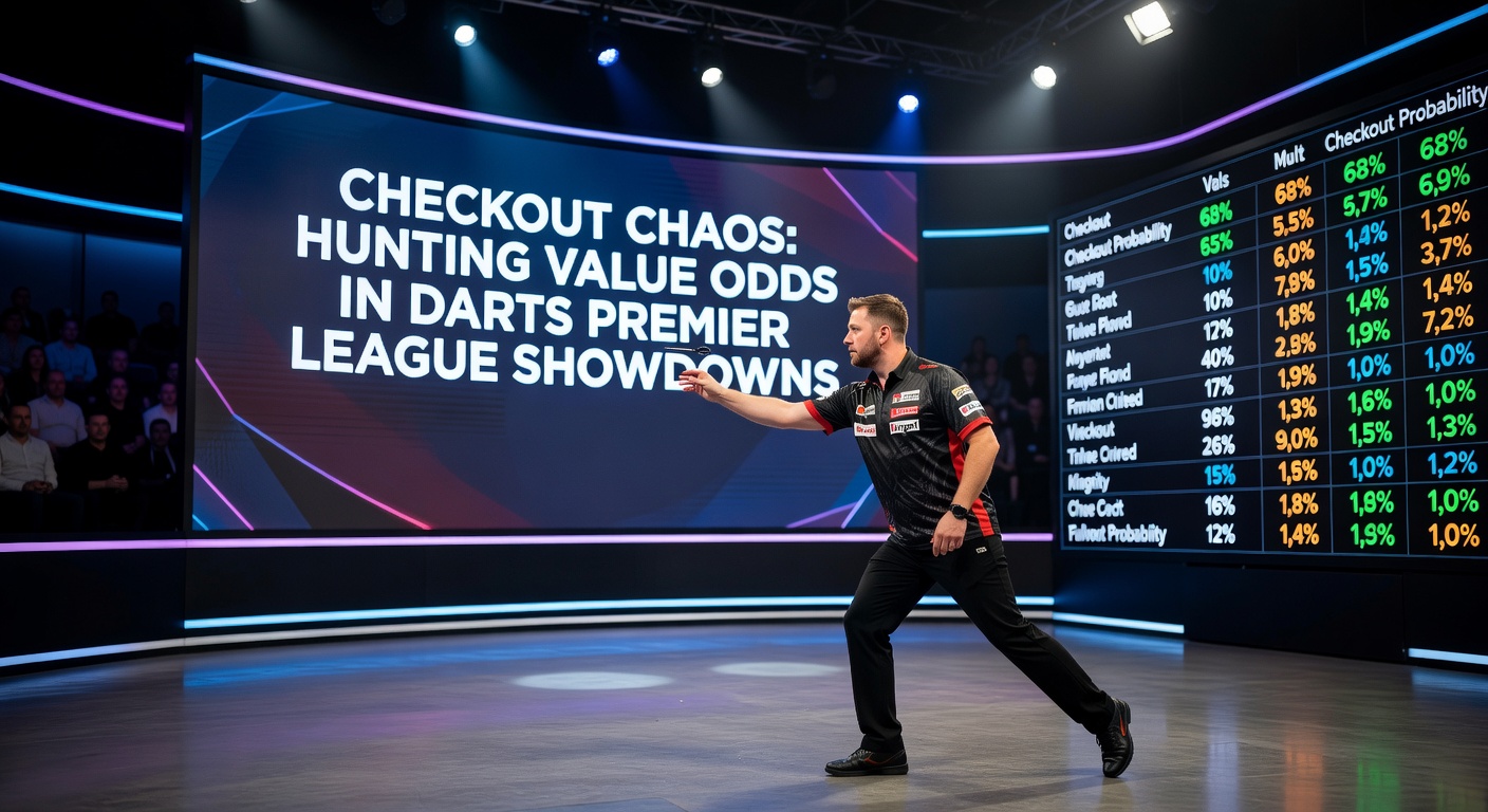 Darts-Spieler zielt auf Triple 20 während eines intensiven Premier-League-Matches, mit Scoreboard im Hintergrund das Checkout-Möglichkeiten anzeigt