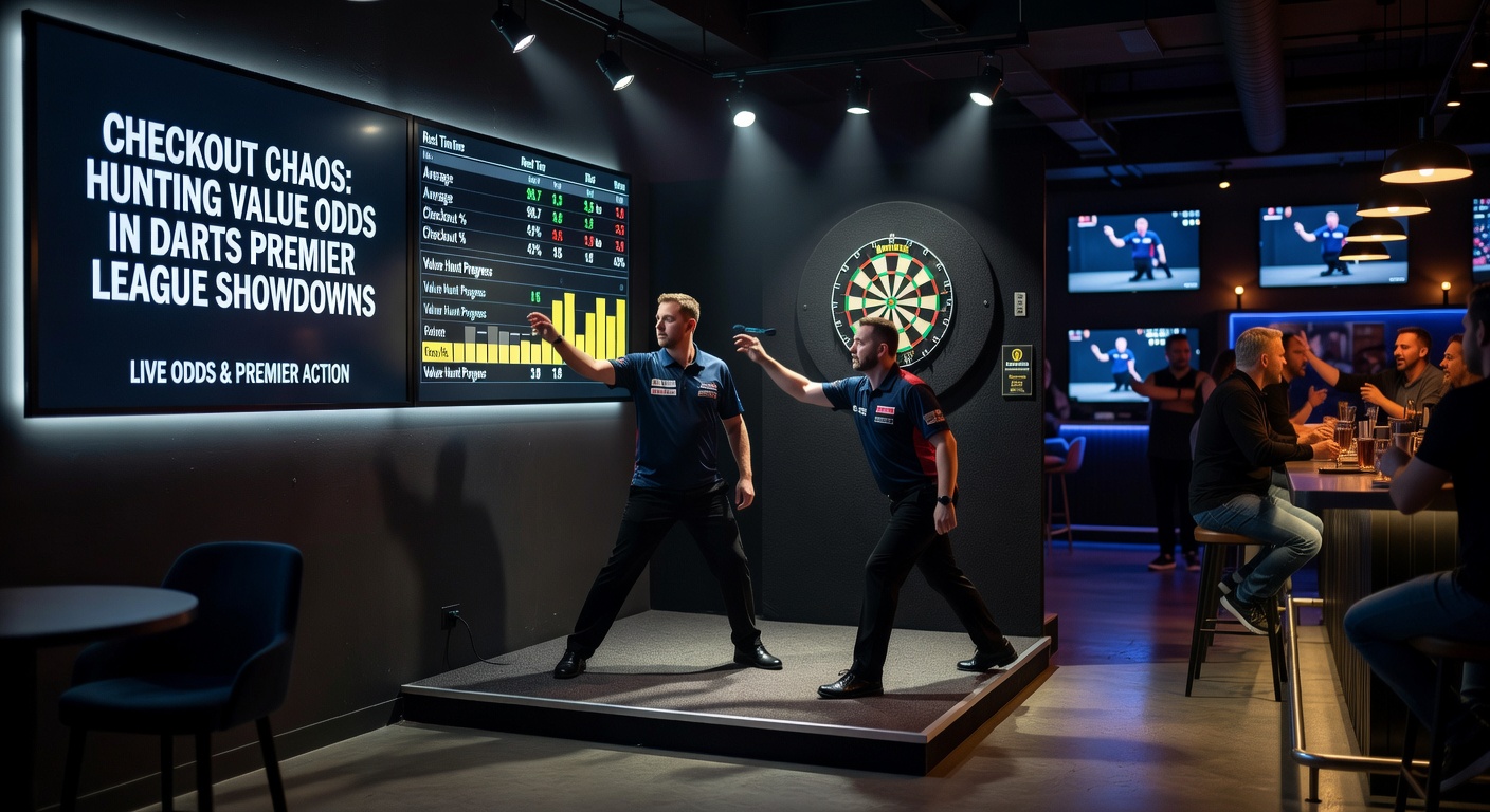 Nahaufnahme eines Scoreboards mit chaotischen Checkout-Versuchen in einem Premier-League-Duell, beleuchtet von Scheinwerfern
