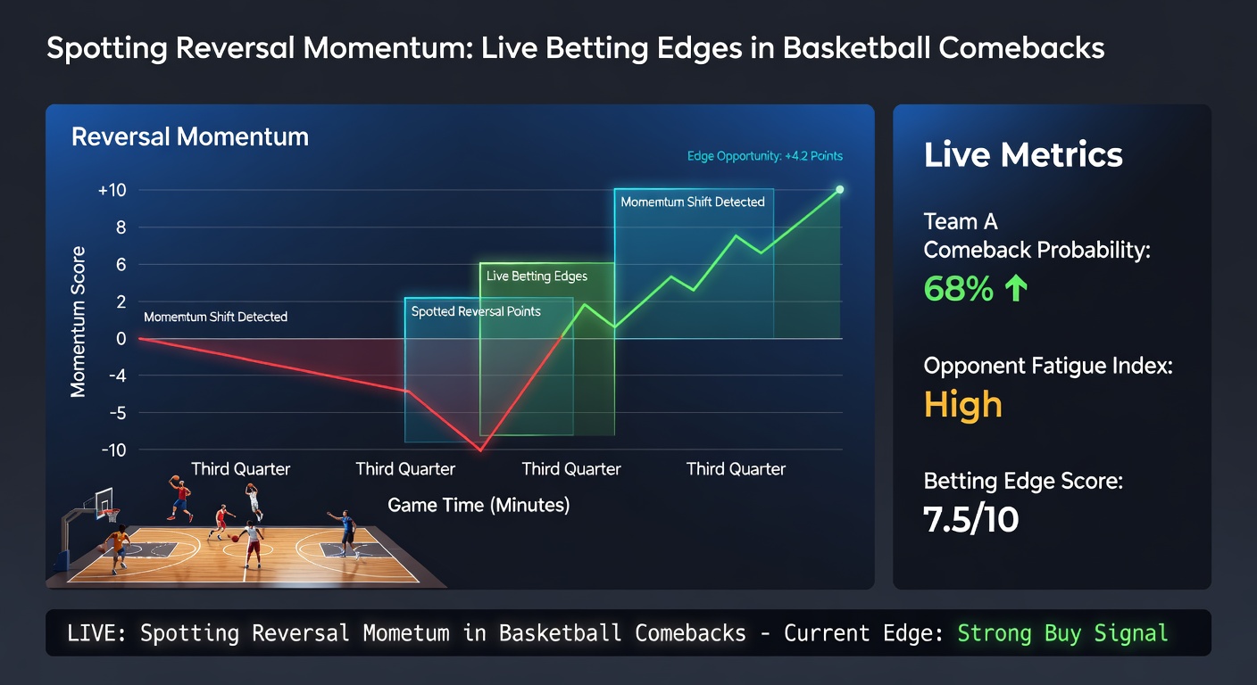Dynamische Grafik eines Basketball-Comebacks mit Momentum-Wechsel in Echtzeit, zeigt Punkteruns und Quotenveränderungen