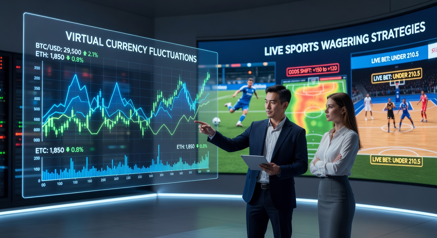 Darstellung von Kryptowährungsschwankungen im Kontext von Live-Sportwetten mit Diagrammen und Wett-Interfaces