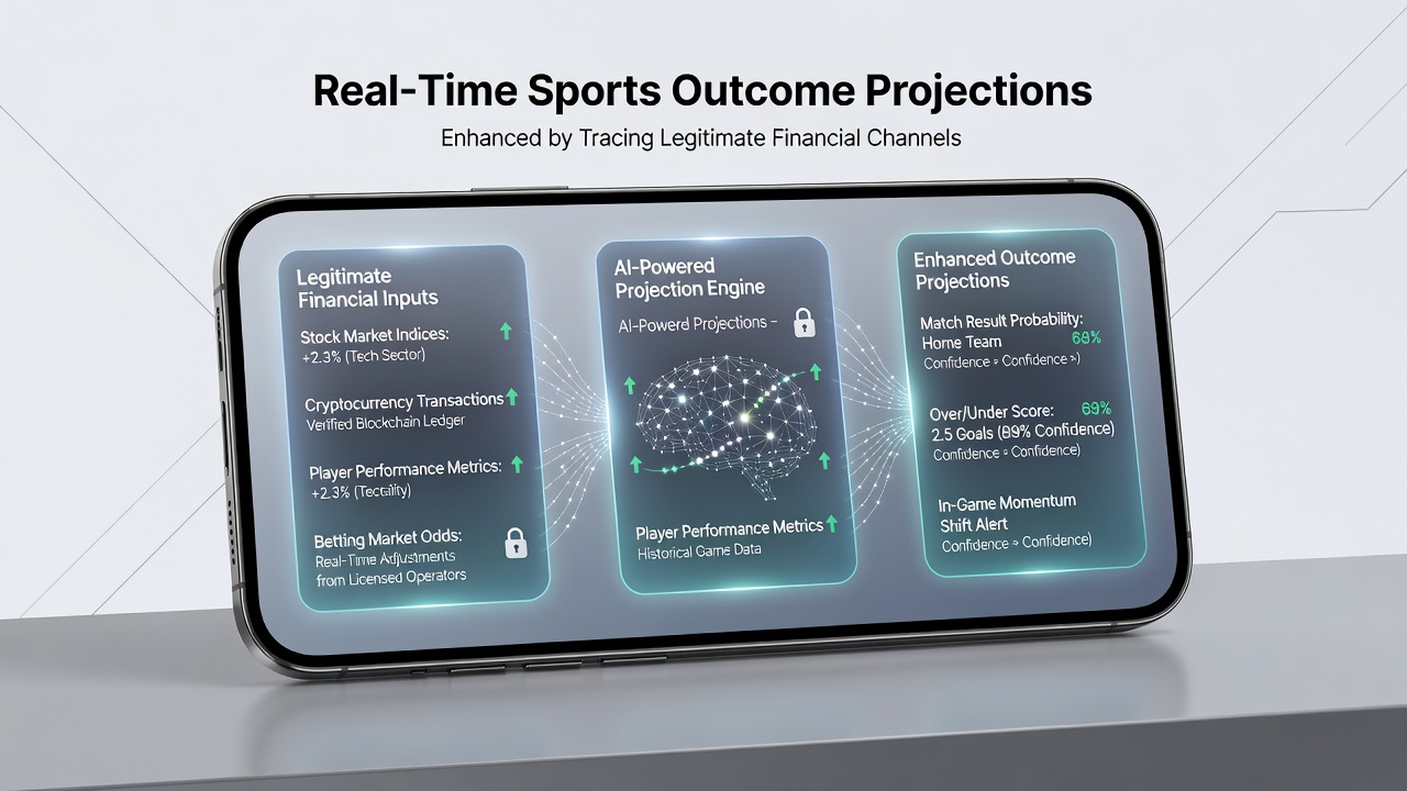 Mobile App-Dashboard mit verknüpften Finanzkanälen und Sportprognose-Visualisierungen